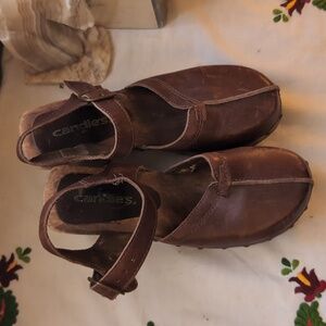 Clarks Brown Leather Clog Mules with Ankle Strap